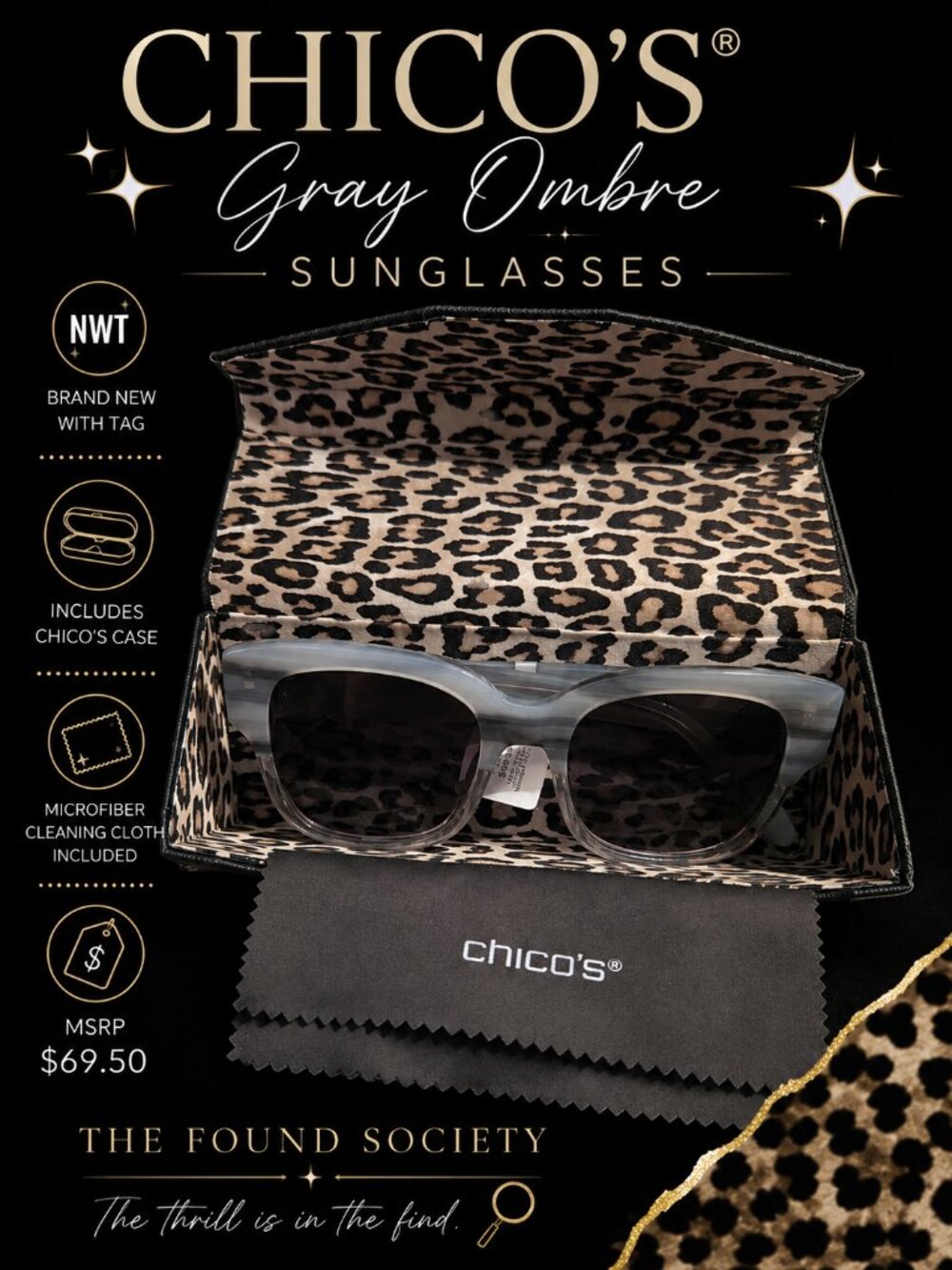 Chico's Gray Ombre Sunglasses NWT w/ Case & Cleaning Cloth MSRP $69.50
